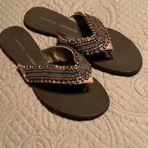 Chinese Laundry Black and Bronze Beaded Sandals